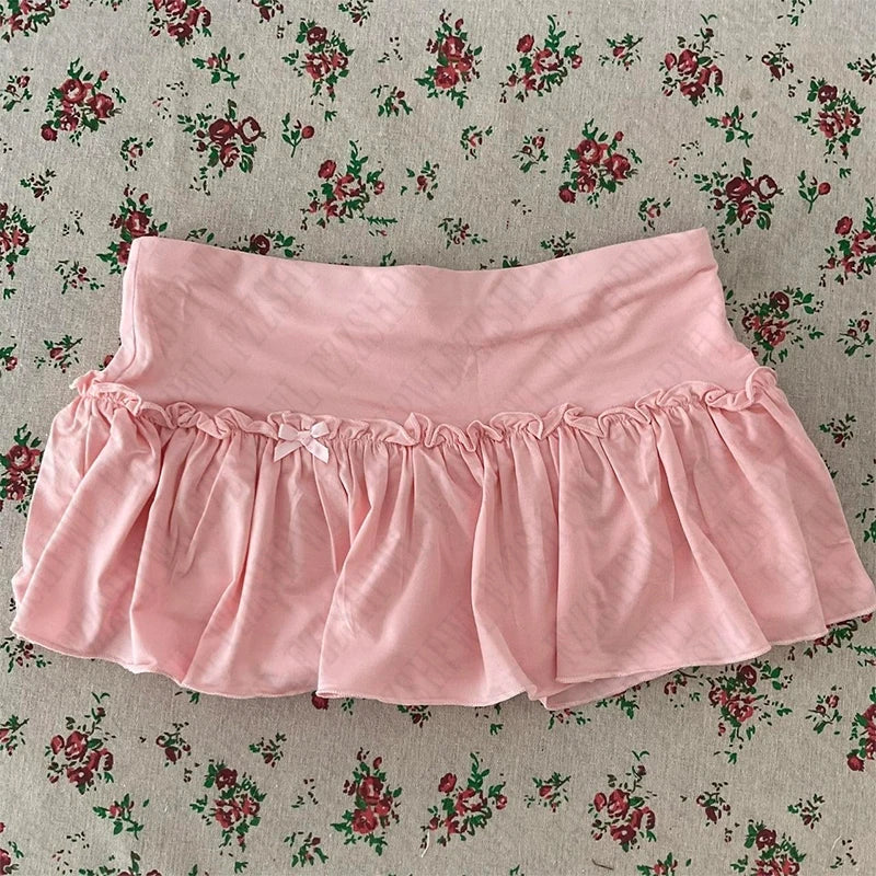 Y2K cute women skirt retro hip-hop sweet bow fashion streetwear summer sweetheart campus Harajuku casual solid color mini skirt