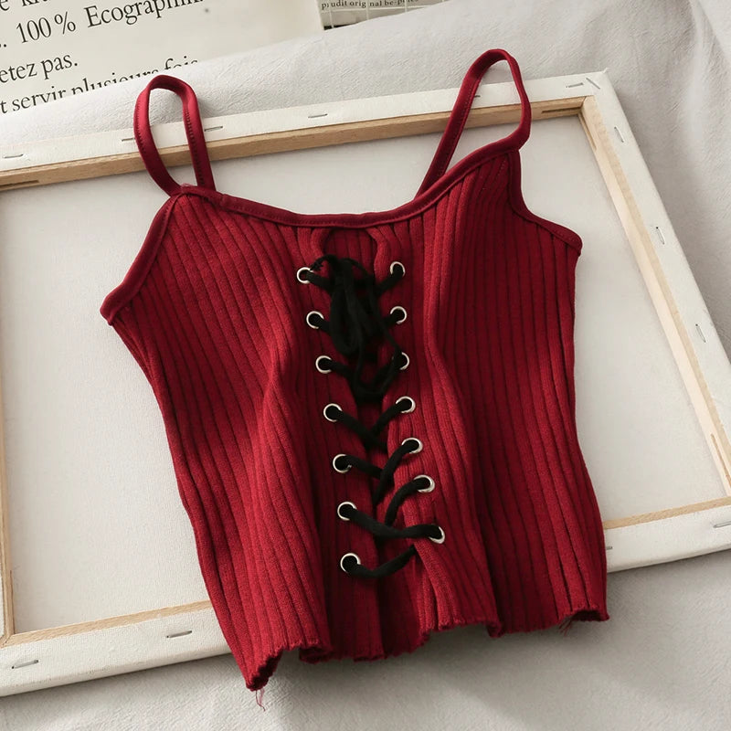 Women Y2K Bandage Crop Tops Drawstring Straps Knitted Camisole Cute Tank Crop Tops Solid Sexy Tops For Women 2024 Summer