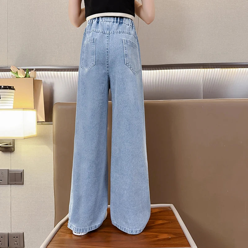 Girls, middle and large kidsren's summer creative five-pointed star denim wide-leg pants