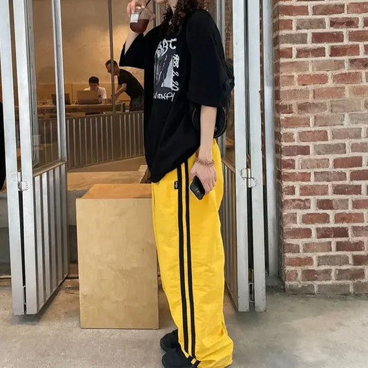 Y2K Vintage White Sweatpants Women Streetwear Hip Hop Quick Dry Yellow Joggers Oversize American Retro Striped Track Pants