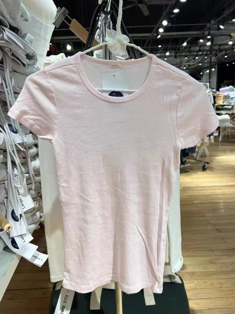 Sweet Pink Basic Slim T Shirt Women New Round Neck Cotton Short Sleeve Tees Vintage Solid Simple Summer Crop Top Y2k Clothes