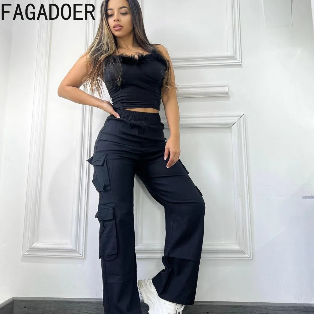 FAGADOER Black Casual Solid Color Pocket Straight Cargo Pants Women Elastic High Waist Slim Trousers Female Sporty Bottoms 2024