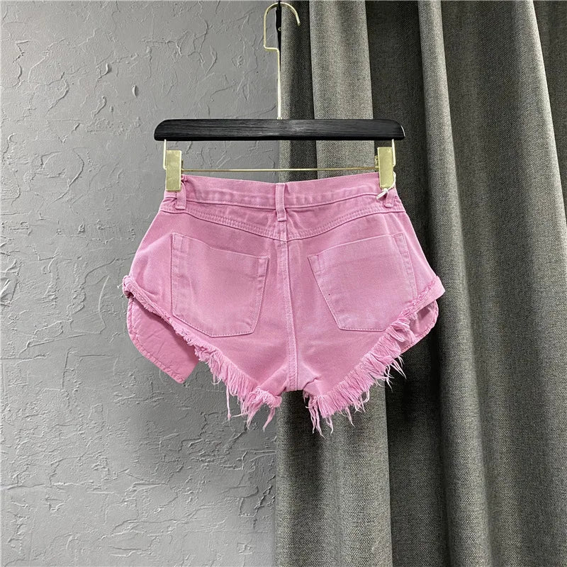 New Women Pink Low Waist Hole Ripped Personalized Low Waisted Denim Shorts Jeans Wide Leg Hot Pants