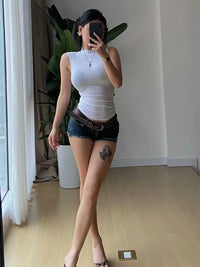 Camiseta feminina sem mangas, gola semi-alta, temperamento, verão, picante, justa, lisa, justa, curta, lazer, versátil B72F