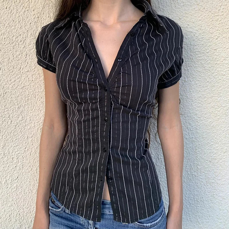 Vintage Striped Slim Fit T-shirt Ladies Short Sleeve V-neck Blouse Tees Preppy Style Button Up Crop Tops Y2K Aesthetic Clothes