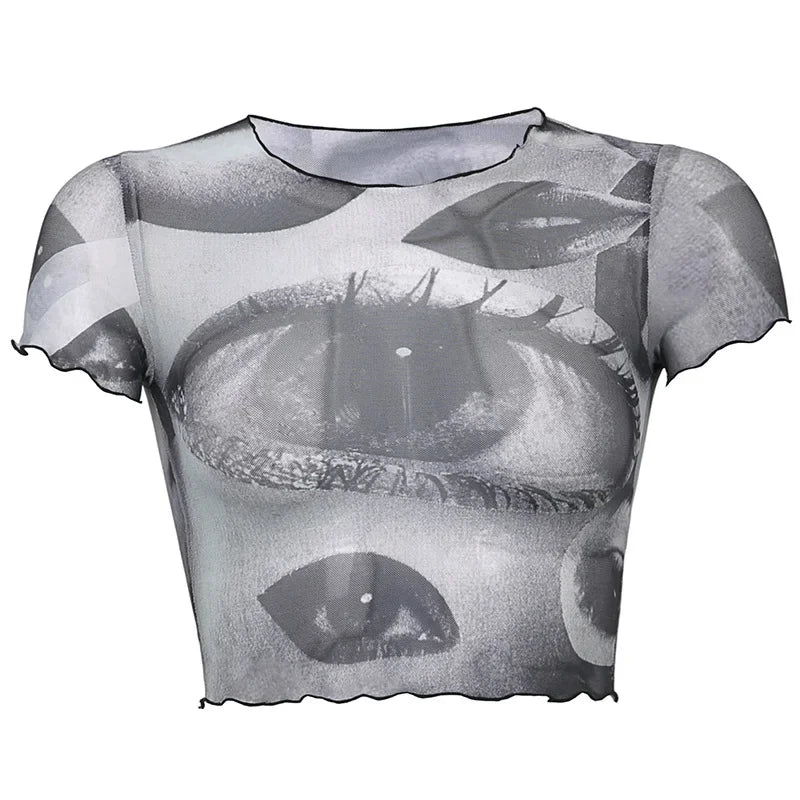 New Graphic T-shirt Women's Mesh Big Eye Print Fungus Edge Fashion Casual Harajuku Short Cropped Navel Y2K Top T-shirt