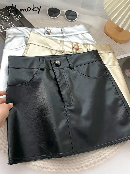 Yitimoky Mini Leather Skirts for Women 2022 Korean Fashion Vintage Streetwear Party Club Night Sexy Super Short Metal Pu Skirts