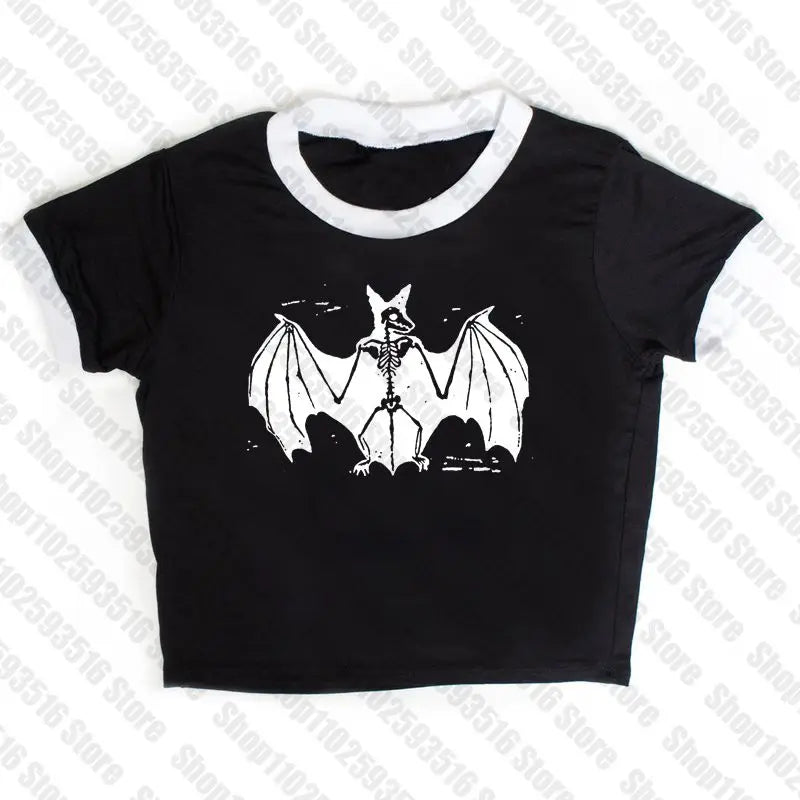 Aesthetic Goth bat Letter Y2K style Crop Tops T-shirt Short Sleevle Vest Tees Harajuku Streetwear Suspenders Women Clothes shirt