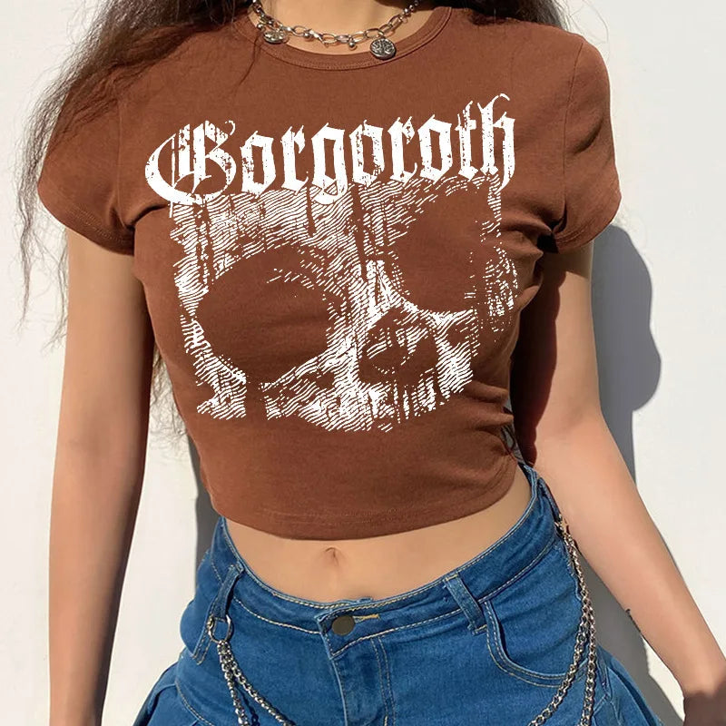 Camiseta vintage de manga curta, estilo gótico dos anos 90, estampa harajuku, croptop, caveira, punk, estética de streetwear, feminina, top feminino