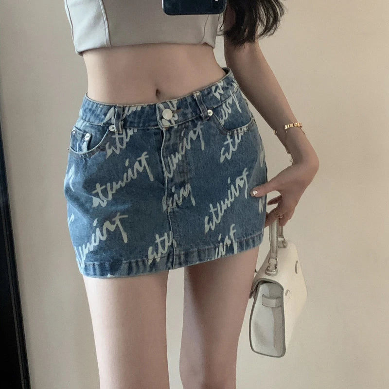 2024 Women's Summer Print Skirt Summer High-waisted Spice Girls Denim Skirt Women Y2k A Line Wrap Jean Skirt Sexy Short Mini