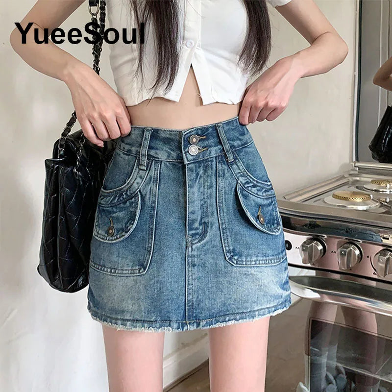 Blue Denim Skirt  A-Line High Waist Mini Skirt 2024 New Summer Y2K 2000s High Street Sexy Kawaii Cute Skirts for Women