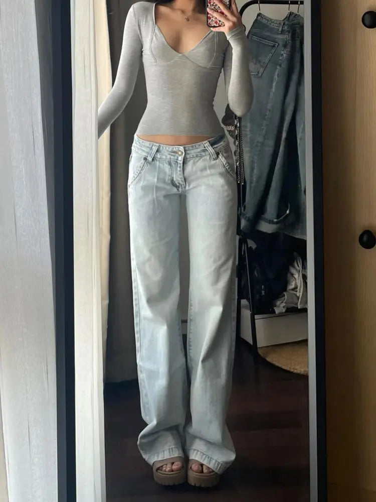 Internet Celebrity's Retro Washed Denim Pants for Women's Summer 2025 New High Waisted Draped Straight Leg Long Wide Leg Pants