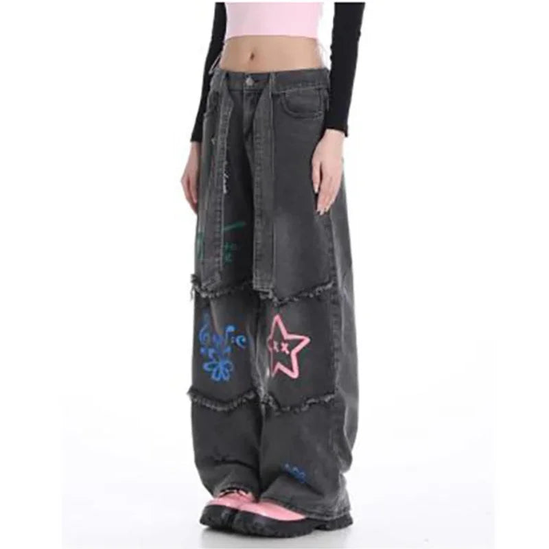 Fashion Women Jeans Street Style Burlap Print Washed Wide-leg Denim Trousers High-waisted Versatile Straight Pants Female