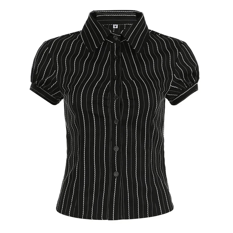 Blusa listrada Y2K feminina verão estilo francês botão-up turn-down colarinho camisa vintage streetwear chique elegante tops