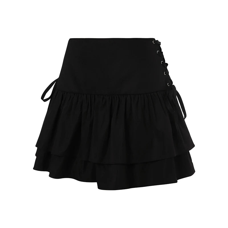 Women’s Ruffle Black Mini Skirt A-line High Waist Slim Sexy Short Skirt Summer Criss Cross Bow Tie Up Hot Sweet y2k Streetwear