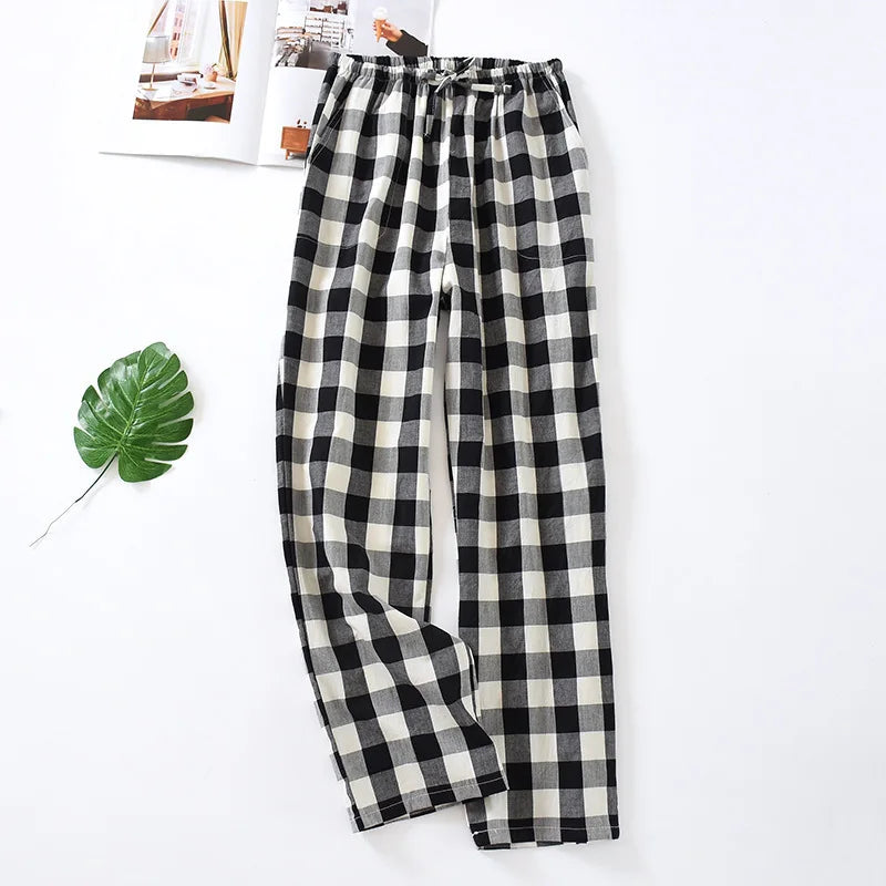 Fdfklak Washed Cotton Plaid Pajamas Pant Men's Woven Pockets Home Pants Casual Loose Male Sleep Trousers Pantalones De Mujer