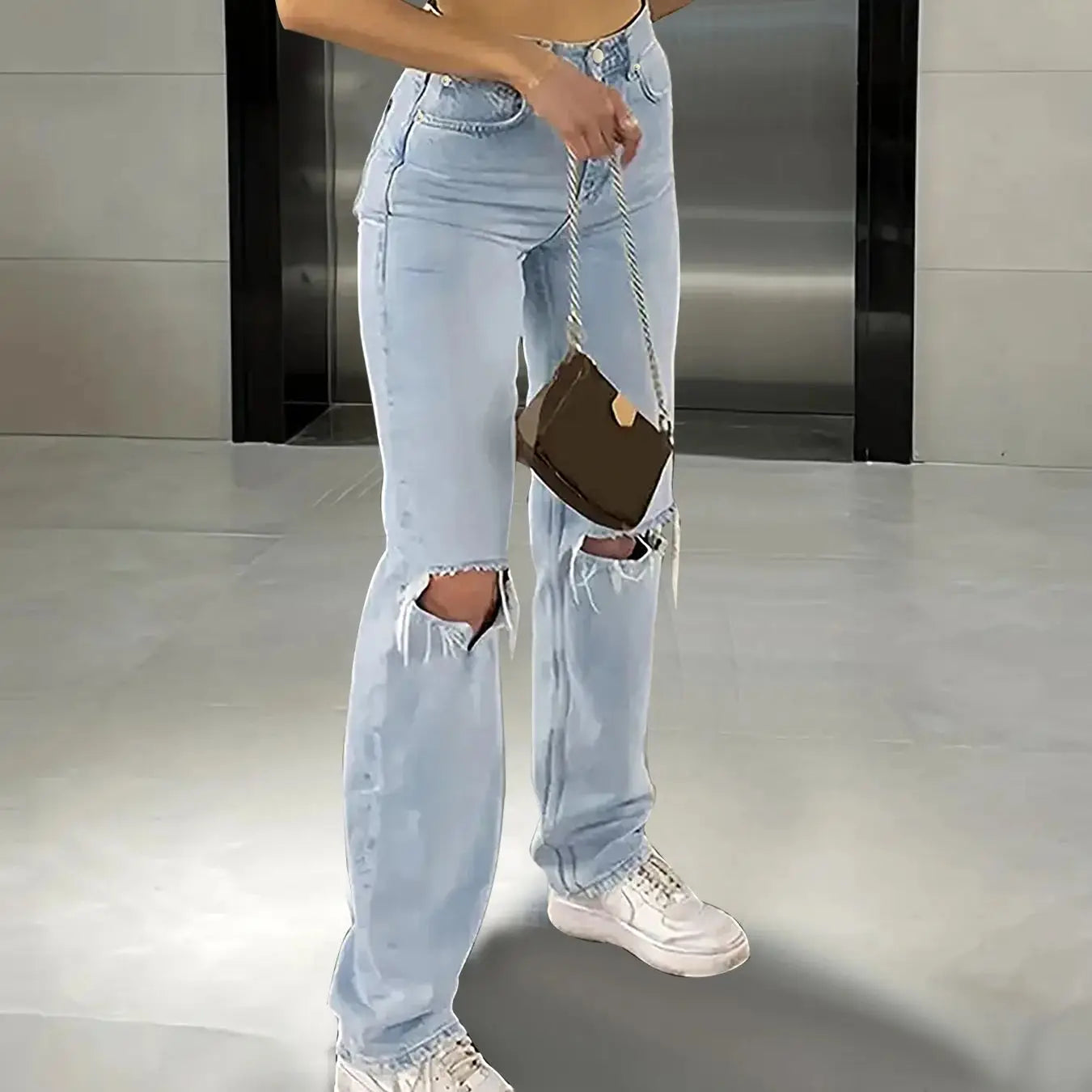 2024 novos jeans femininos com piercing no joelho, jeans femininos soltos, confortáveis, casuais, para todos os tipos de combinações, retos e microelásticos