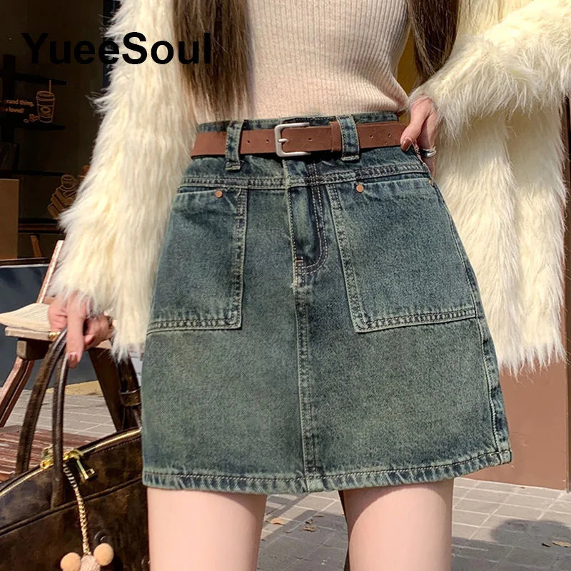 Blue Denim Skirt  A-Line High Waist Mini Skirt 2024 New Summer Y2K 2000s High Street Sexy Kawaii Cute Skirts for Women