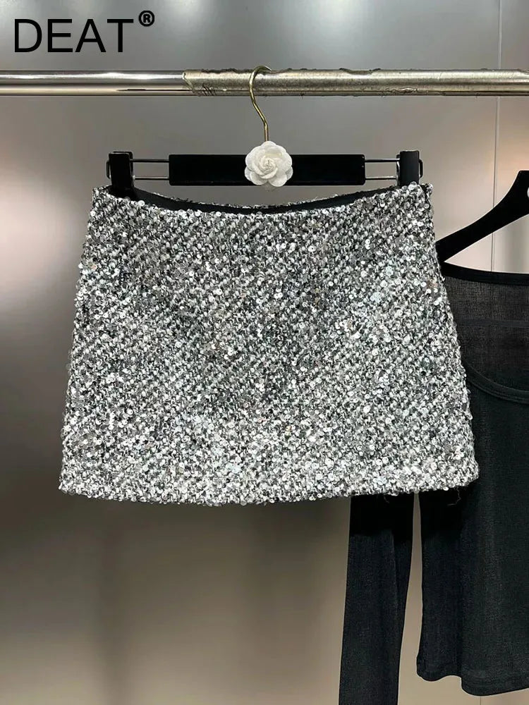 DEAT Trendy Fashion Women's Solid Color Sequins Woolen Skirt 2024 Winter New Items High Waist Wrap Hip Skirts Female 11XX7474