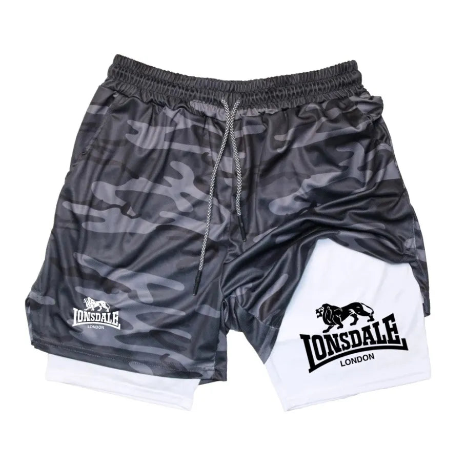 Estampa 2 em 1 Shorts de Corrida para Homens Academia Treino Shorts de Compressão com Bolso para Telefone Toalha Loop Verão Esporte Atlético Activewear