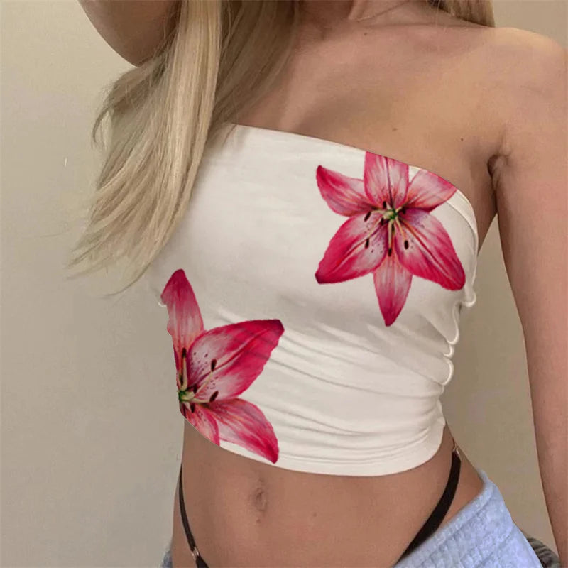 Tops de verão para mulheres com estampa floral e ombros de fora, sem alças, estilo bandeau, estética dos anos 2000, roupas y2k