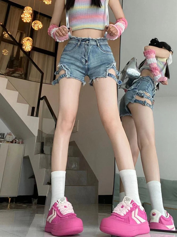 American Women Blue Denim Shorts Hot Sexy Bandage Hollow Out Retro High Waist Streetwear Punk Chic Lovey Female Spring Summer