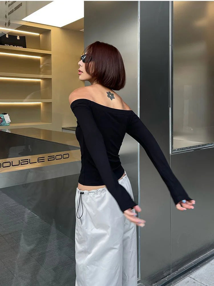 Slim Slash Neck T-shirt Long Sleeve Women Skinny Off Shoulder Tops Autumn Winter Streetwear Sexy Crop Top Female