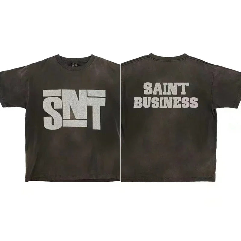 Jesus Graffiti print Saint T Shirt Men Women Retro Gray Washed T-Shirt Tee Tops