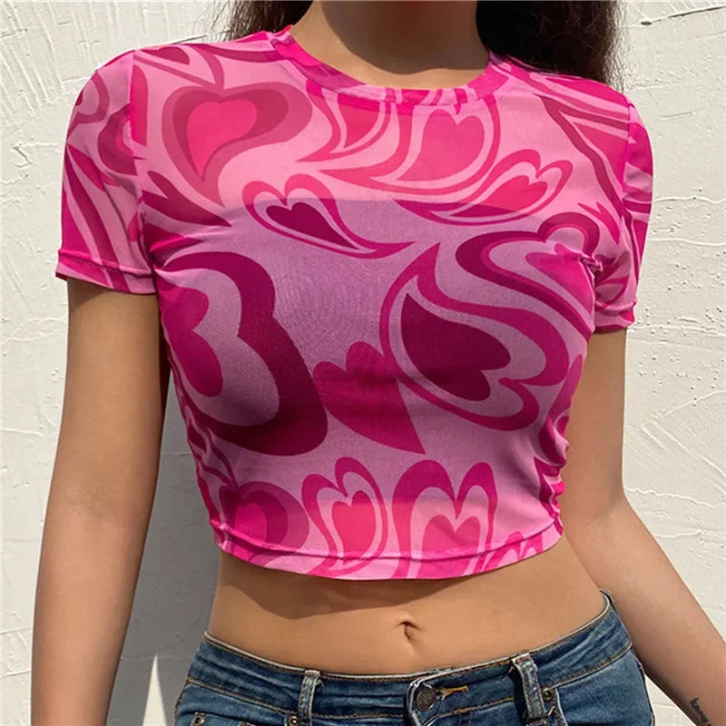 Nova camiseta gráfica feminina malha grande olho impressão fungo borda moda casual harajuku curto cropped umbigo y2k top camiseta