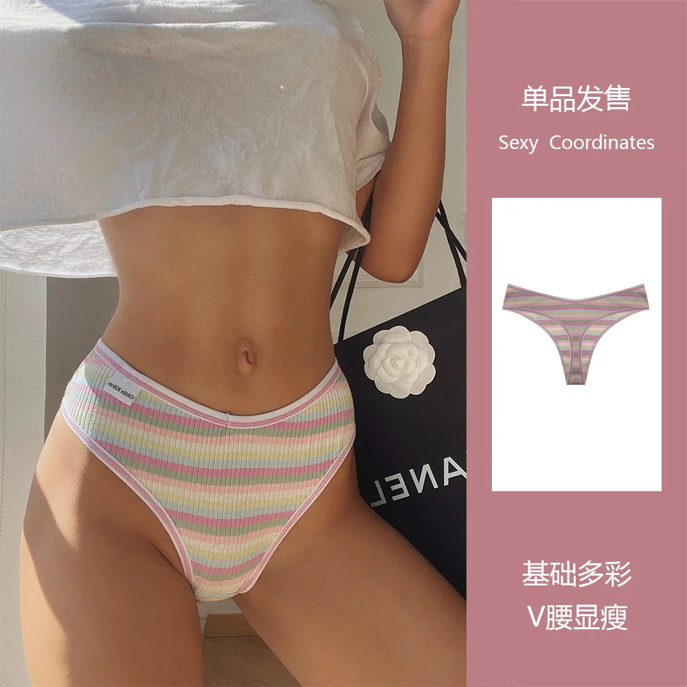 SP&CITY Rainbow Striped Cotton Thongs Sports Low Waist Sexy Fitness Underwear Breathable Panties Comfortable Seamless Briefs