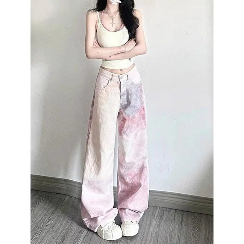 Floral Tie Dye Printed Loose Straight Leg Jeans for Women High Waist Slimming and Wide Leg Pants