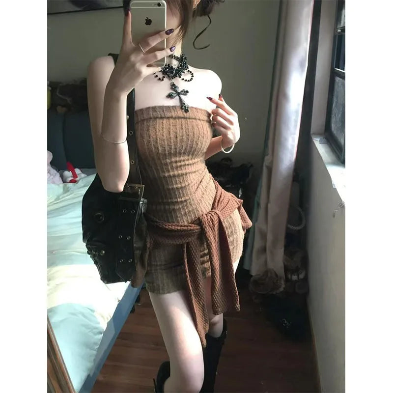 2025 spring pure slim sexy strapless hot girl hip-pack gothic short skirts for women brown casual high-quality knitted cardigan