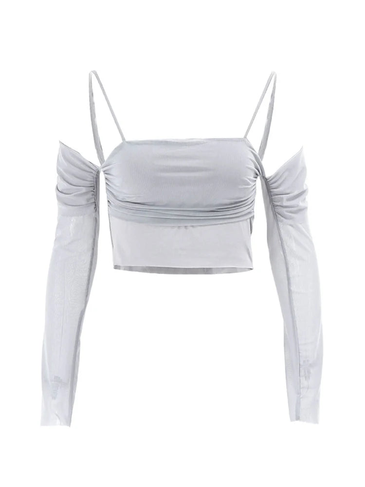 See Through T-shirts Crop Tops 2024 Sexy Women Long Sleeve Slash Neck Off Shoulder Y2K Clubwear T-shirt