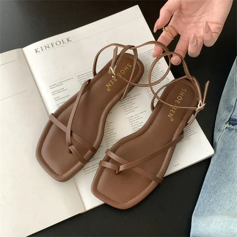 2025 Summer New Women Sandal Fashion Open Toe Narrow Band Ladies Elegant Gladiator Shoes Outdoor Dress Flats Sandalias