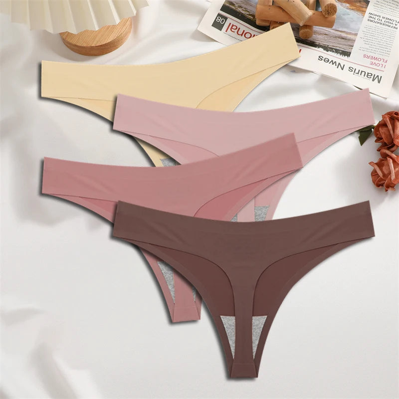 FINETOO 4PCS Silk Satin Seamless Underwear Low Waist Thongs Sexy Solid Color Bikini Underpants Female Stretch Intimates Lingerie