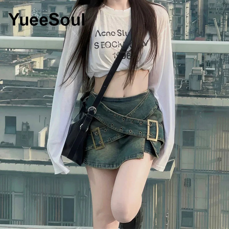 Blue Denim Skirt  A-Line High Waist Mini Skirt 2024 New Summer Y2K 2000s High Street Sexy Kawaii Cute Skirts for Women