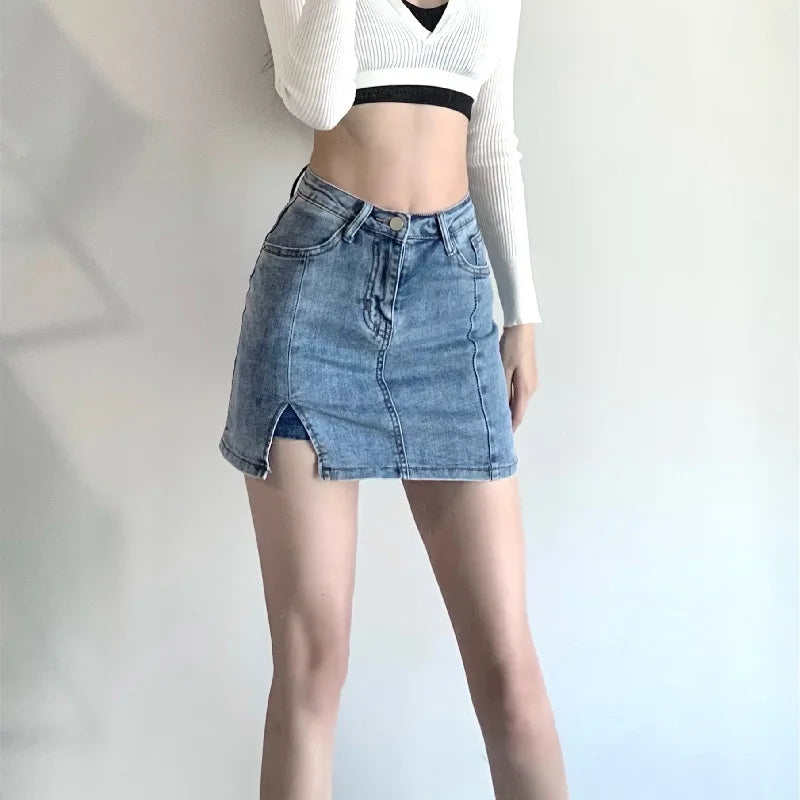 Slit Stretch High-waisted Half Body Denim Skirt, Women's New Summer Fashion Slim-fit A-line Wrap Hip Short Denim Half Body Skirt