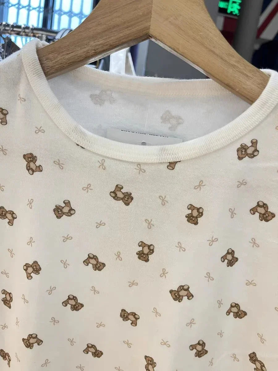 Mulheres Slim Little Bear Bow Print T-shirt Verão Algodão Gola Redonda Manga Curta Camisetas Nova Casual Doce Bonito Tshirt Y2k Tops