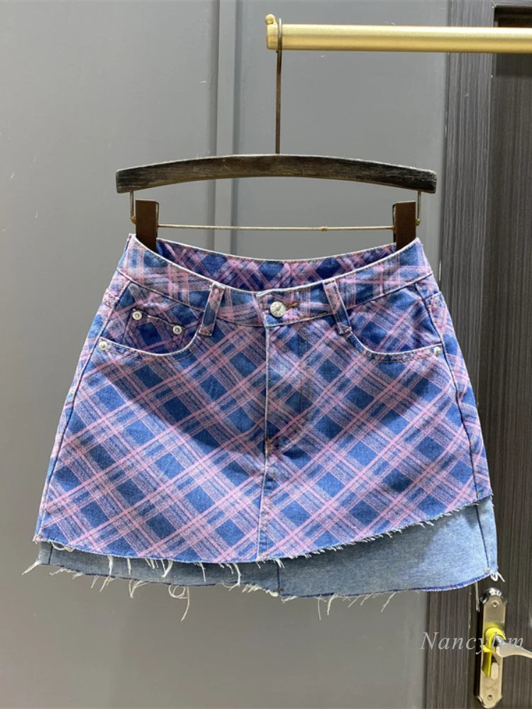 2024 Summer New Diamond Plaid Stitching Denim Skirt Women's Design Sense Niche A- Line Sheath Short Skirt