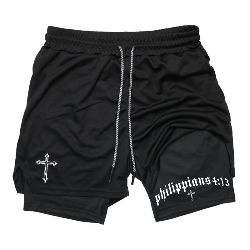 Cross Bible Graphic 2 in 1 Athletic Shorts for Men Christian Gym Workout Running Shorts with Phone Pocket Towel Loop Active Wear