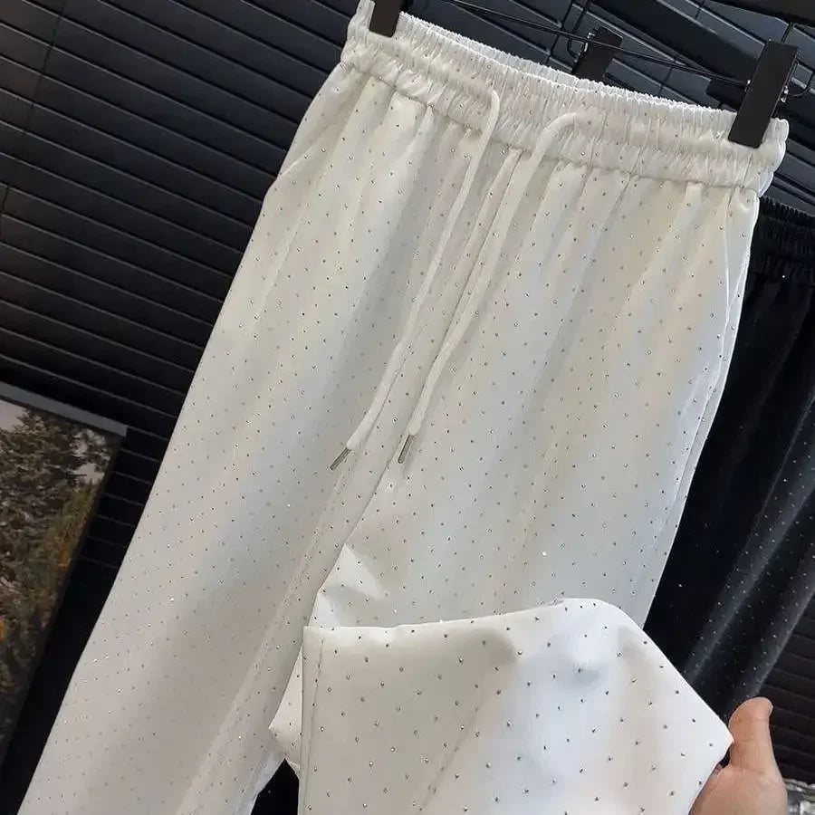 Verão Novas Mulheres Calças Diamante Reta Cintura Alta Casual Cordão Cintura Elástica Pantalones Beading Preto Calças Retas