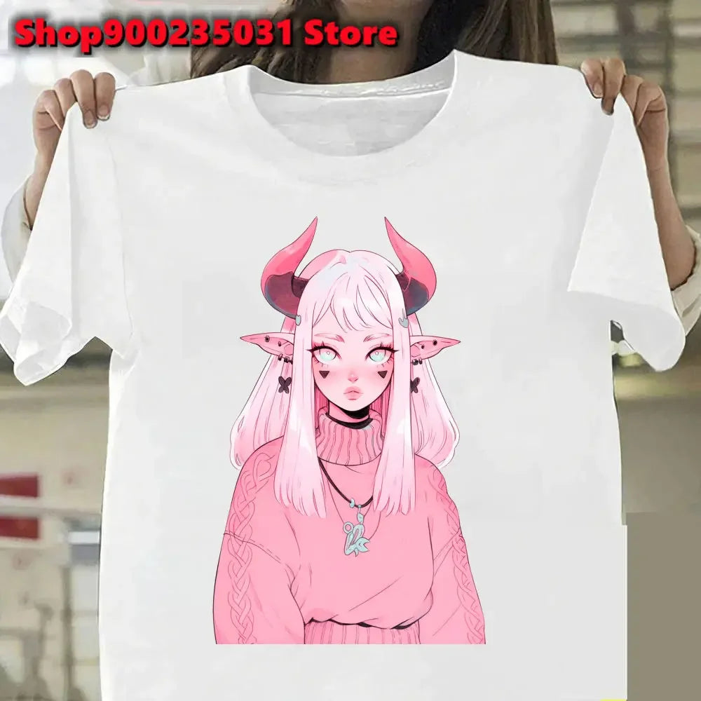 New Pink Demon Girl T-Shirt Streetwear Y2k Graphic Angel T-Shirt Harajuku Summer Women Aesthetic Oversized Outfit Tee Shirt