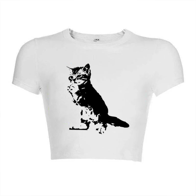 Vintage Cat Print Women Casual Baby Tee Streetwear Aesthetic Short Sleeve T-Shirt Y2k Clothes Gothic Emo Girl Croped Tops