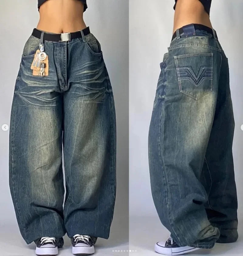 Retro Miss Me Boot Cut Jeans Female Y2K New Blue Jeans Embroidered Wing Pocket Hip Hop Harajuku Gothic Wide Pants Street Wear