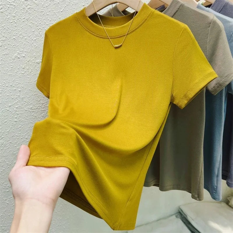 New High Quality Casual WomenT shirt Sexy Slim Short Sleeves Pink Plus Size Fashion Crew Neck Trend Solid Women Clothing Tops