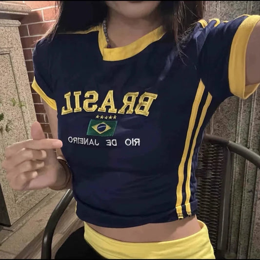 Carta brasileira bordada gótica corte top street clothing xadrez bebê camiseta retrô manga curta Y2k roupas 2024 verão EMO