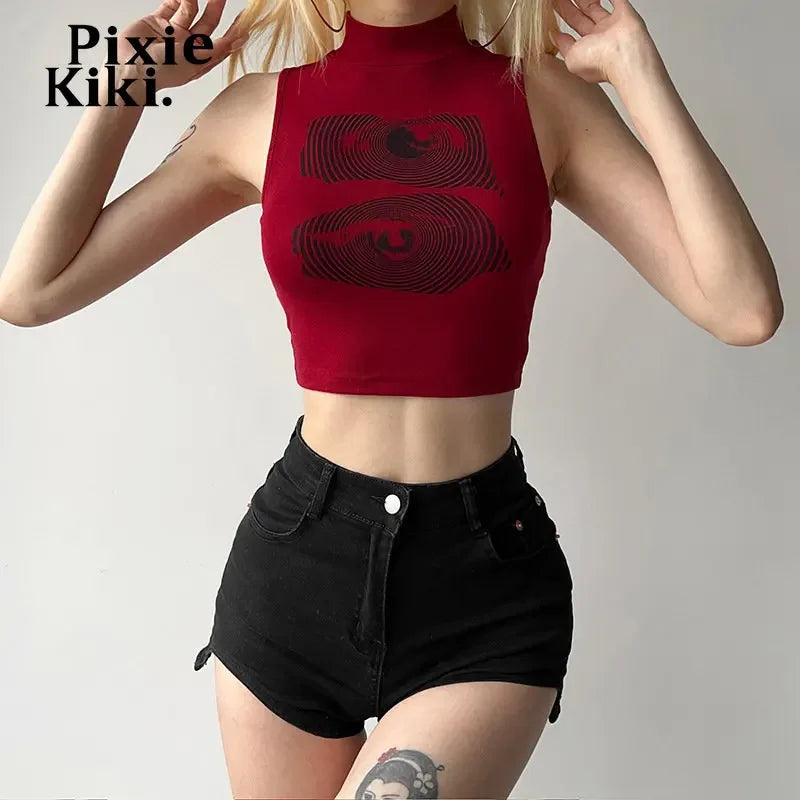 PixieKiki Red Graphic Crop Tops Y2k 2000s Moda Regatas para Mulheres 2023 Verão Camisetas Sem Mangas P71-AG12