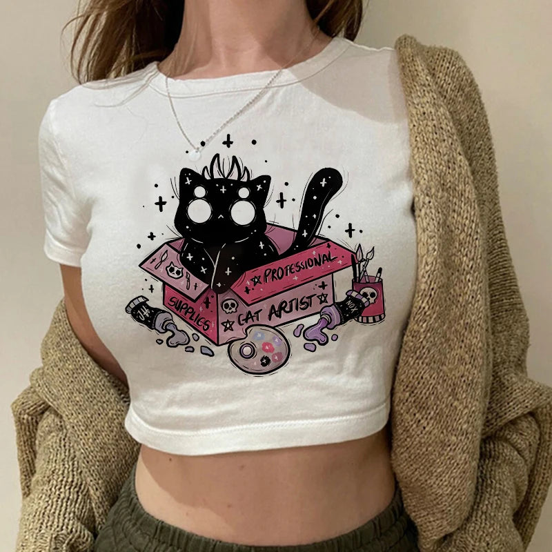 Mulheres 2000s Doce Engraçado Gato Camiseta Top Curto Camisa Feminina Camiseta Ulzzang Curta 90s Camiseta Top Camiseta Feminina Camisa Gótica