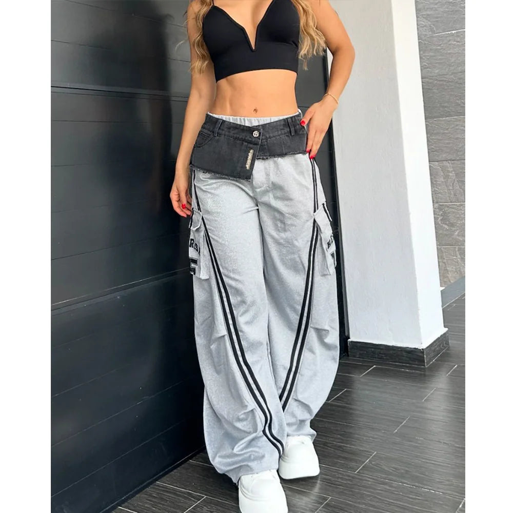 Fashionable Women Denim Patchwork Side Pocket Patchwork Loose Trousers Splicing Sweatpants Wide Leg Straight Hip Hop Pants