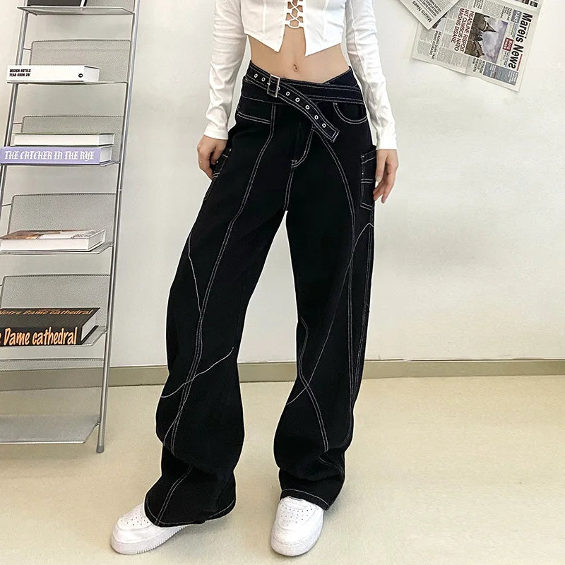 2025Women's New Style Personality Design Sense Topstitched Straight Pants Loose Wide-leg Floor-length Pants Low